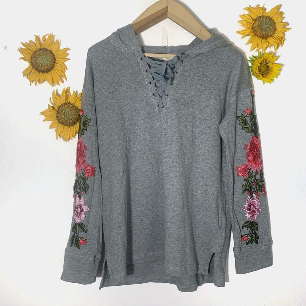 Entro Floral Embroidered Oversized Hooded Top Womens Size Small Womens